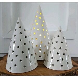 Set Of 3 White Ceramic Christmas Tree Luminary Tea Light Holder 3 Different Size